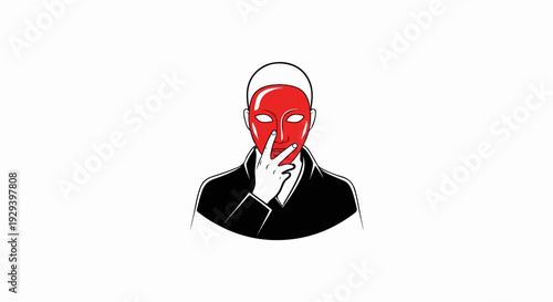 Person in red mask contemplating, wearing black coat
