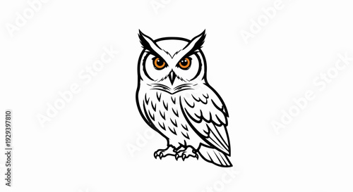 A stylized, black and white owl illustration with bright orange eyes