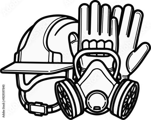 Safety equipment helmet, respirator, and gloves for protection