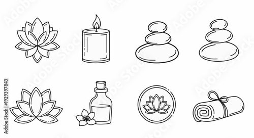 Serene spa icons lotus flowers, candle, balanced stones, oil, and rolled towel