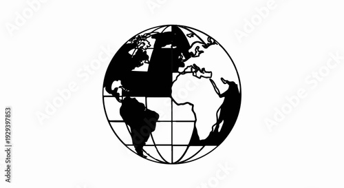 Stylized depiction of Earth's continents in black and white hemispheres