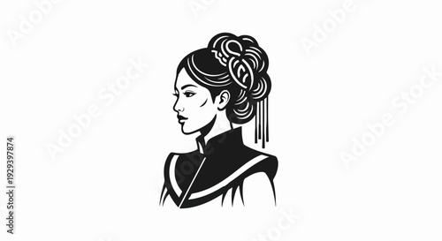 Stylized portrait of an Asian woman with intricate updo hairstyle