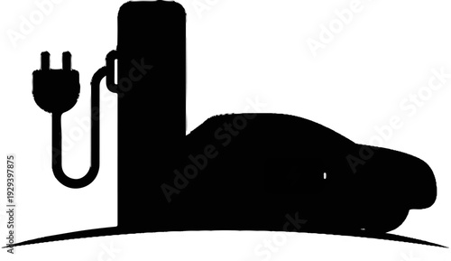 Silhouette of an electric car charging station with a plugged-in vehicle