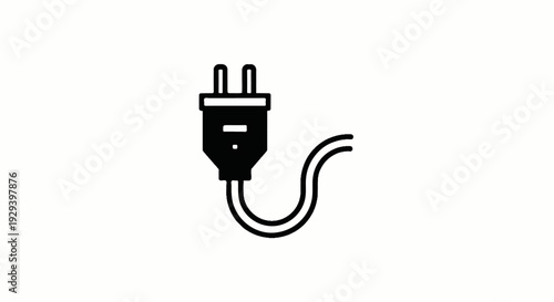 A simple black and white graphic icon of an electrical plug and cord