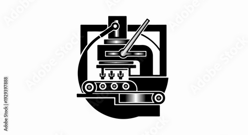 Stylized industrial machine with conveyor belt and stamping mechanism