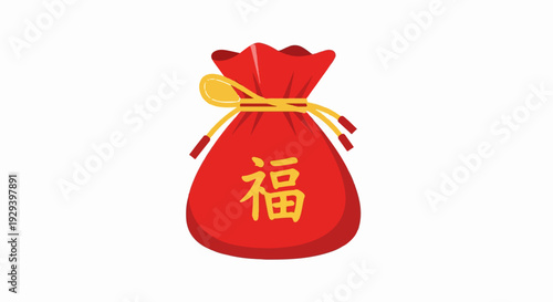 A red drawstring bag with a golden symbol for good fortune