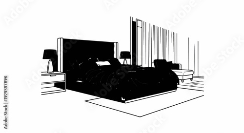 A minimalist bedroom scene with a large bed, bedside table, lamps, and armchair