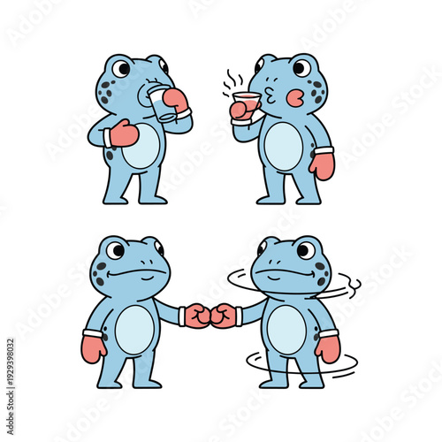 Cartoon frogs boxing and shaking hands in a friendly match with copy space