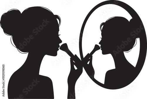 Woman applying lipstick in front of mirror makeup silhouette