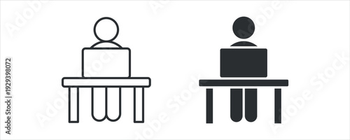 Remote work icon set, person at desk with laptop symbol, home office vector illustration