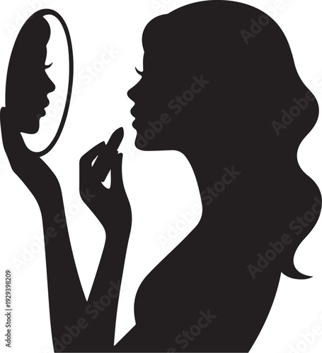 Woman applying lipstick in front of mirror silhouette
