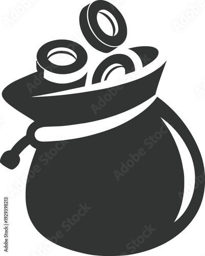 Black money bag with gold coins spilling out  financial wealth symbol