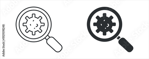 Virus search icon set, malware scan magnifier symbol, cybersecurity protection vector illustration