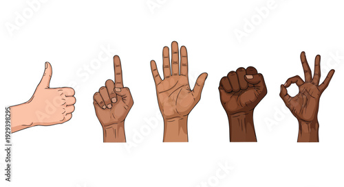 Diverse hands showing various gestures in a row from different skin tones