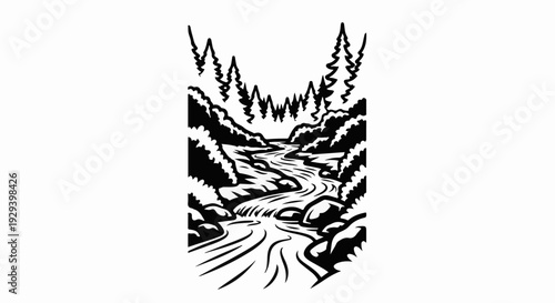 Stylized black and white illustration of a winding river and pine trees