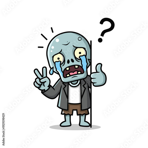 Confused zombie showing peace and approval with a mix of emotions