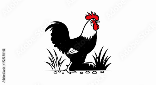 Stylized black rooster with red comb stands in grass with scattered pebbles