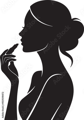 Woman applying lipstick silhouette black white