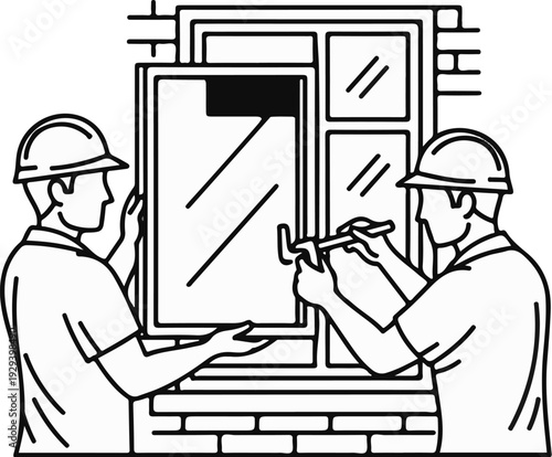 Two workers install a window, one holding the frame, the other caulking