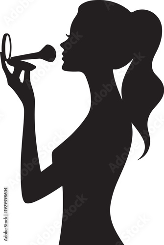 Woman applying lipstick with compact mirror silhouette
