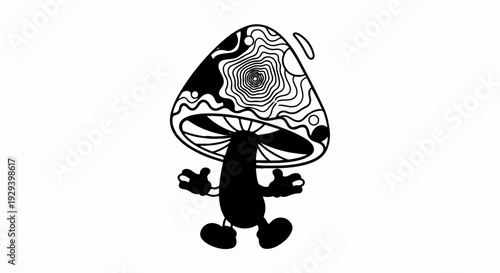 Trippy mushroom character with optical illusion cap and stubby limbs