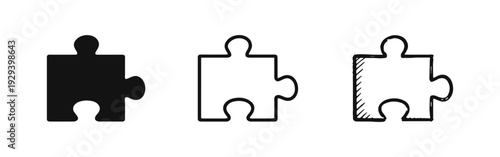 Puzzle piece icon set in three styles: solid, outline, and hand-drawn sketch. Vector illustration for problem solving, game, and connection concepts.