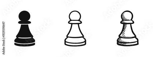 Chess pawn icon set featuring solid, outline, and hand-drawn styles. Vector illustration for strategy, game, and competition concepts.