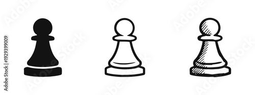 Chess pawn icon set featuring solid, outline, and hand-drawn styles. Vector illustration for strategy, game, and competition concepts.
