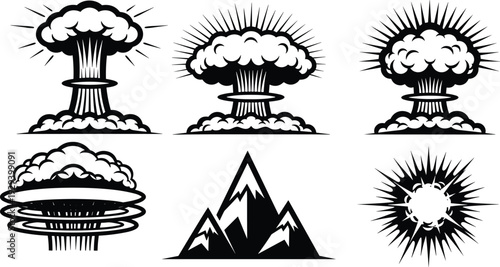 Nuclear Explosion Mushroom Cloud and Mountain Vector Icons Set with Atomic Blast Effects, Shockwaves, and Sunburst Design Elements for Graphics