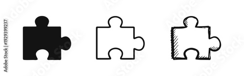 Puzzle piece icon set in three styles: solid, outline, and hand-drawn sketch. Vector illustration for problem solving, game, and connection concepts.