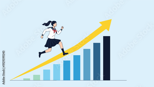 Energetic schoolgirl in uniform runs up a rising bar chart with a large yellow arrow showing academic success or progress.