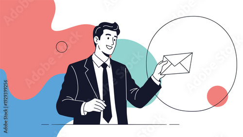 Successful businessman in a suit holds a white envelope while standing against a creative background with abstract shapes.