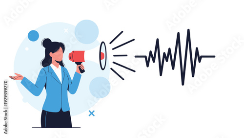 Determined businesswoman in a blue jacket speaks into a megaphone with an abstract sound wave graphic next to her.