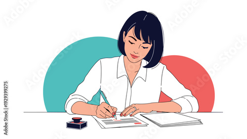 Professional young woman with short black hair signs a contract at a desk with a stamp and colorful circles behind her.