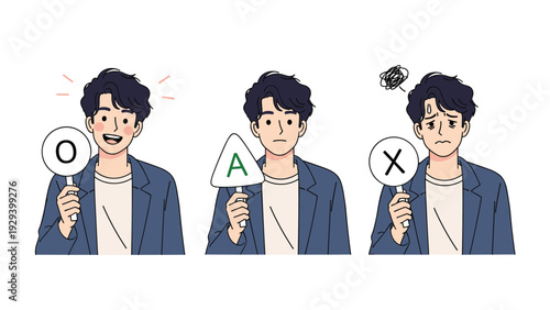 Young man in a blue jacket holds up signs with circle, triangle, and cross symbols while showing different expressions.