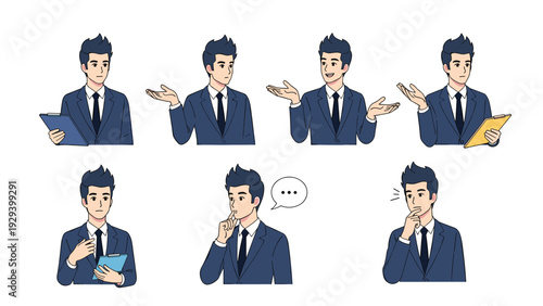 Businessman in a navy suit is shown in several poses including thinking, presenting, and holding various blue clipboards.