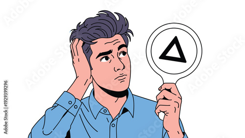 Confused young man holding a mirror reflecting a triangle symbol while touching his head in deep thought on white.