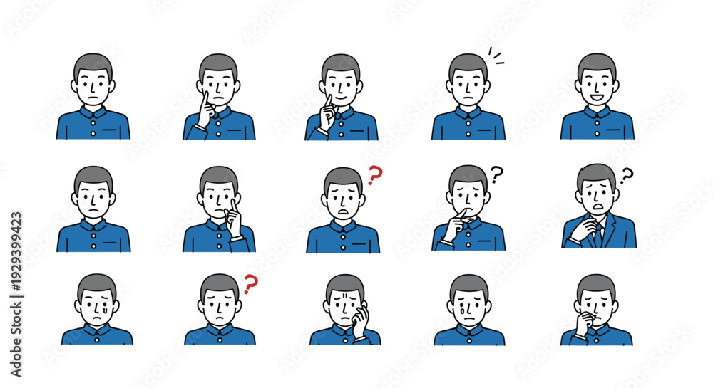 Fototapeta premium Collection of various facial expressions and gestures of a young Asian man in a blue high school sailor uniform.