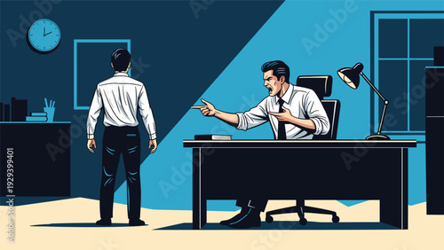 Angry boss at his office desk pointing and yelling at a male employee in a high-pressure workplace environment.