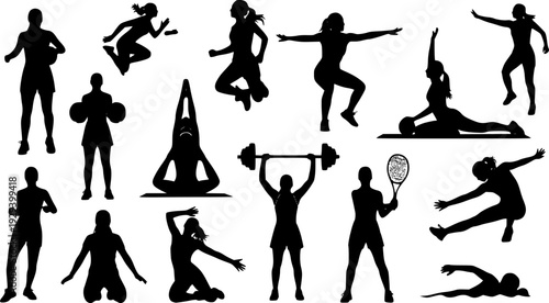 collection of various woman sports exercising silhouettes isolated vector design on white background