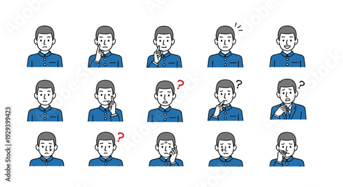 Collection of various facial expressions and gestures of a young Asian man in a blue high school sailor uniform.