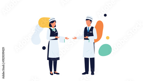 Male and female servers in professional blue and white uniforms gesturing to welcome guests to a luxury restaurant.
