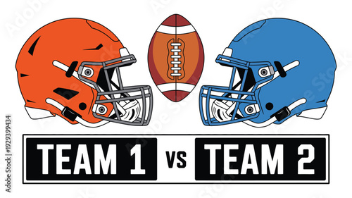 Football Teams FaceOff Orange vs Blue Helmets and the Ball for Super Bowl Sunday, intense championship game concept with dramatic stadium lighting and competitive sports rivalry atmosphere.
