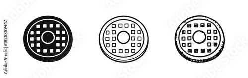 Round waffle icon set in solid, outline, and hand-drawn sketch styles. Vector illustration for breakfast, food, and baking concepts.