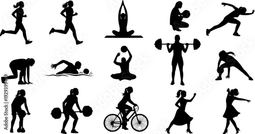 collection of various woman sports exercising silhouettes isolated vector design on white background