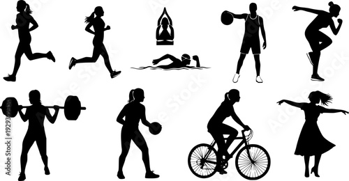 collection of various woman sports exercising silhouettes isolated vector design on white background