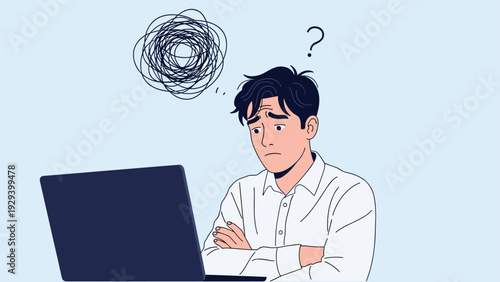 Worried young man looking at a laptop with a tangled scribble bubble above his head symbolizing confusion and stress.