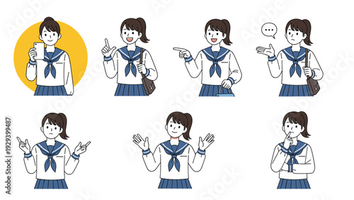Various actions and expressions of a schoolgirl in a sailor uniform holding a smartphone and gesturing to the side.