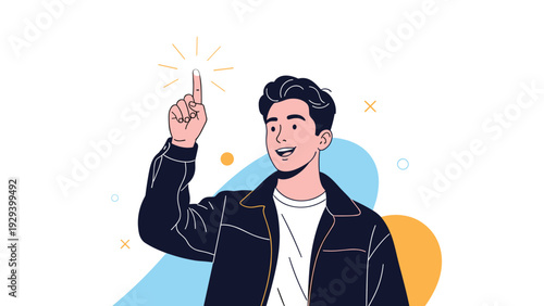 Enthusiastic young man in a denim jacket pointing upwards as if he just had a brilliant new idea or realization.