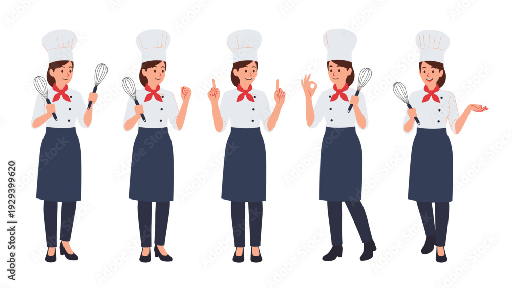 Fototapeta premium Various poses and expressions of a female chef in a professional uniform holding kitchen tools for culinary themes.